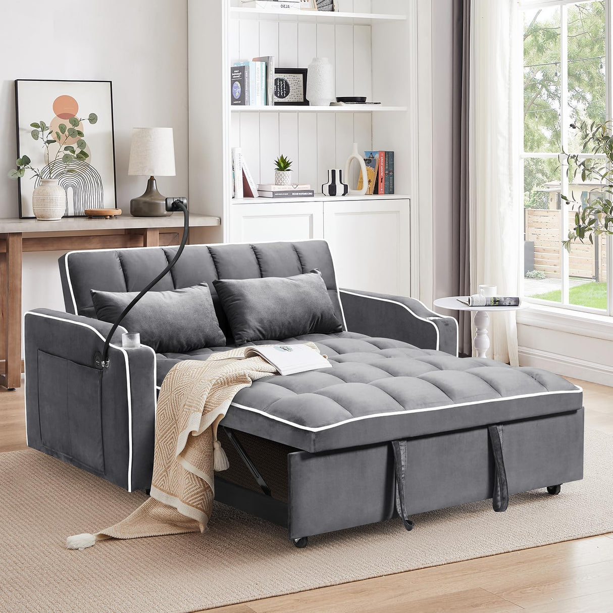 Convertible Sofa Bed,3-in-1 Velvet Sleeper Couch Pull-Out Bed,55'' Loveseat Sleeper Sofa Bed with Adjustable Backrest with 2 Pillows and Storage Bag & USB Port and Swivel Phone Stand,Dark Gray WIIS' IDEA