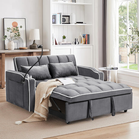 Convertible Sofa Bed,3-in-1 Velvet Sleeper Couch Pull-Out Bed,55'' Loveseat Sleeper Sofa Bed with Adjustable Backrest with 2 Pillows and Storage Bag & USB Port and Swivel Phone Stand,Dark Gray WIIS' IDEA