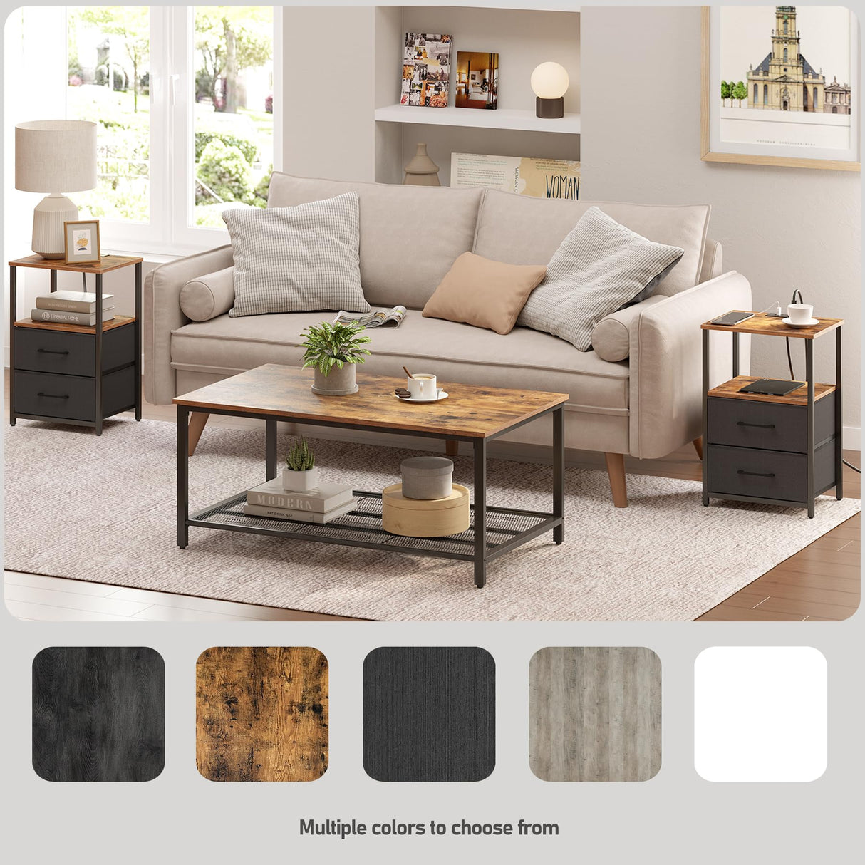 TUTOTAK LED End Table with Charging Station, Nightstand with Cloth Drawer, Side Table with 1 USB Port and 1 Type-C Port, Set of 2, Couch Table, Brown and Black TB01BB052KL TUTOTAK