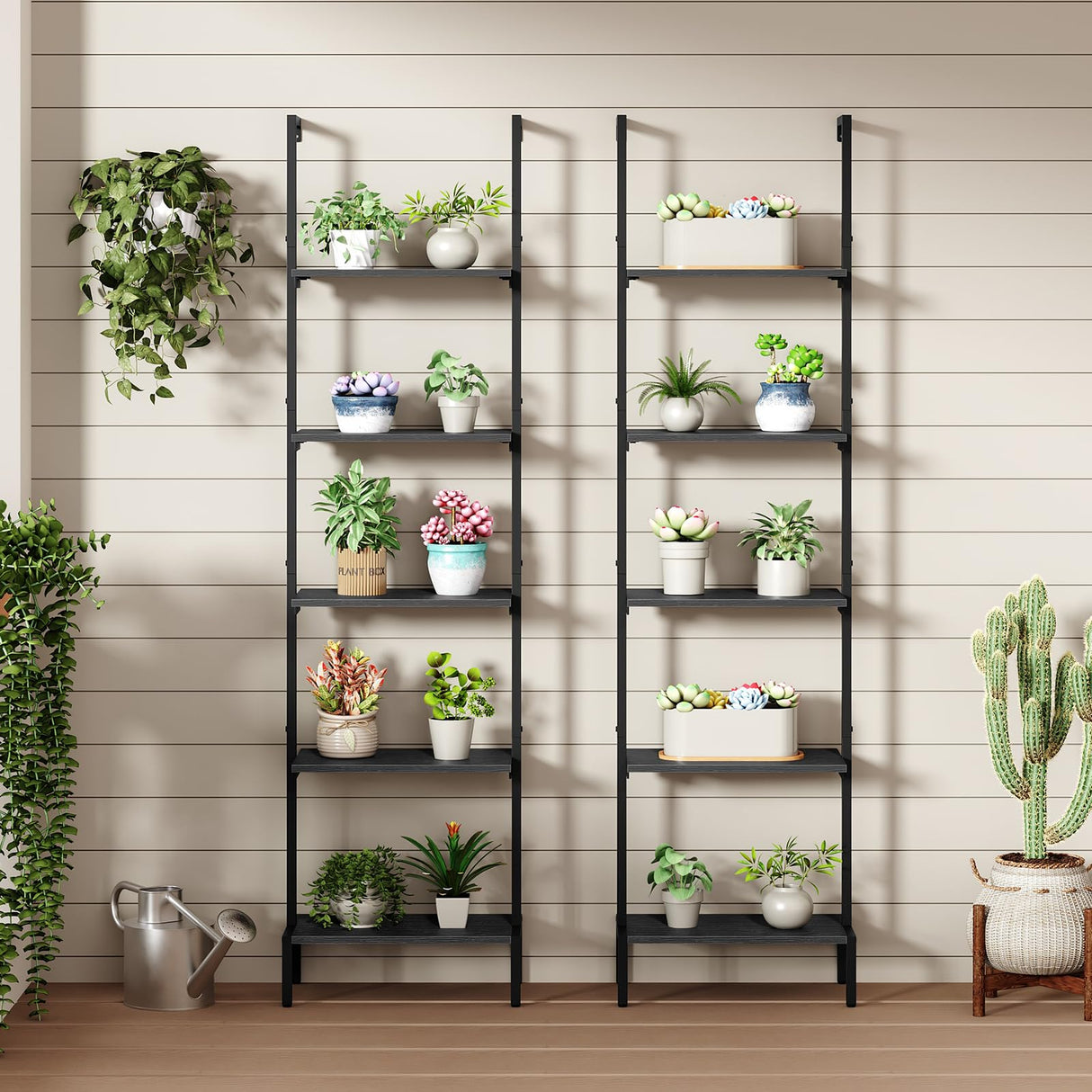 MAHANCRIS 5-Tier Ladder Shelf, Storage Bookshelf with Wall Mount, Heavy Duty Industrial Style Ladder Shelves for Living Room, Office, Kitchen, Bedroom, Black LSBK5501 MAHANCRIS