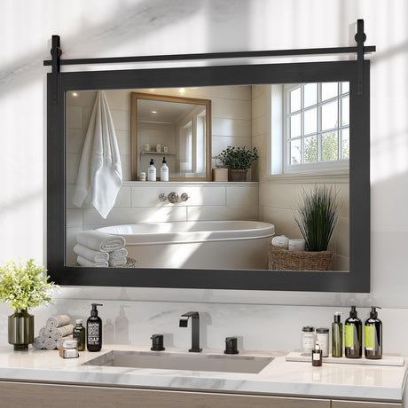 Hasipu Farmhouse Bathroom Mirror, 48"x32" Rustic Wood Framed Wall Mounted Mirror, Black Vintage Vanity Mirror Barn Door Style Decrative Mirrors Hasipu