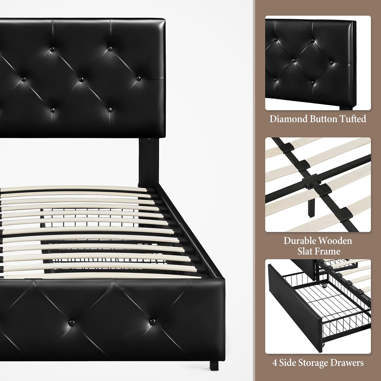 Yaheetech Queen Size Faux Leather Upholstered Bed Frame with 4 Storage Drawers and Adjustable Headboard Yaheetech