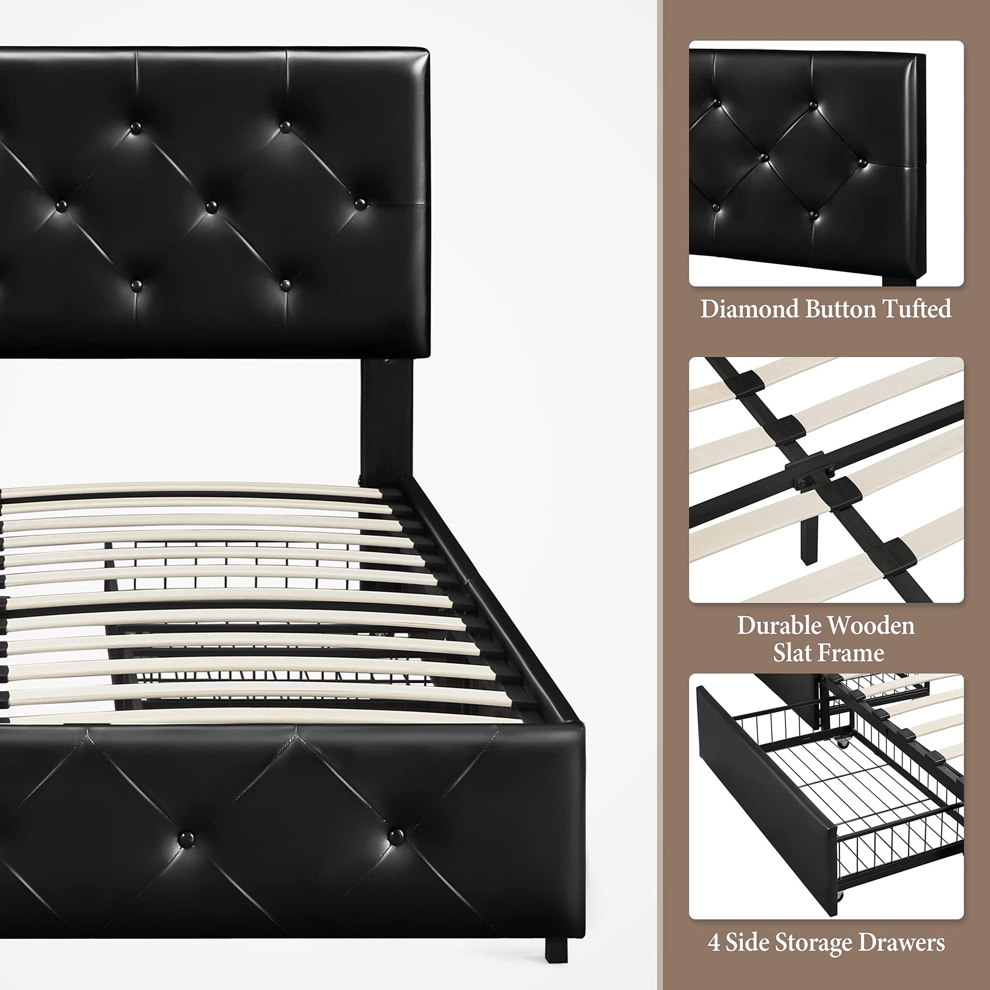 Yaheetech Queen Size Faux Leather Upholstered Bed Frame with 4 Storage Drawers and Adjustable Headboard - WoodArtSupply