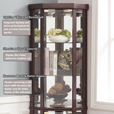 XZTUAJ 69" H Lighted Curio Cabinet Corner Display Case, Corner Glass Cabinet with Adjustable Shelves and Tempered Glass, Wooden Corner Curio Cabinet w/Mirrored Back Pane for Living Room (Dark Cherry) XZTUAJ
