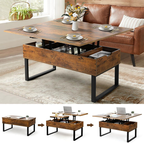SMOOL Lift Top Coffee Table, 3 in 1 Multi-Function with Hidden Compartment for Living Room, Modern Lift Coffee Table Converts to Dining Table for Reception, Rustic Brown SMOOL