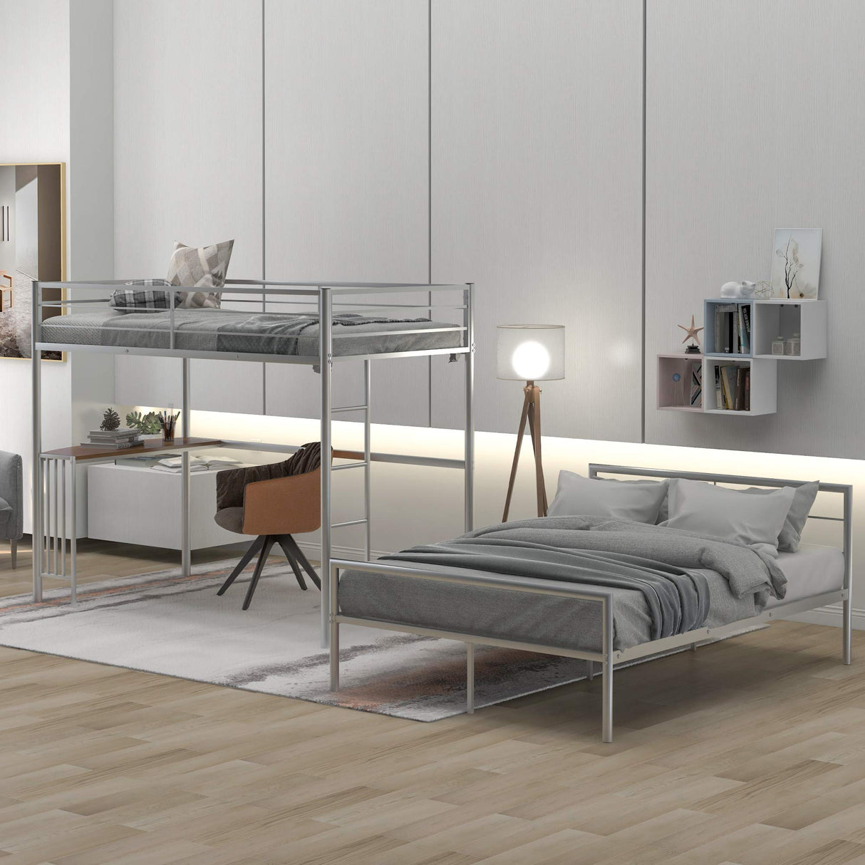 Harper & Bright Designs Twin Over Full Metal Bunk Bed with Desk, L Shaped Bunk Bed with Ladder and Quality Slats for Bedroom- Silver Harper & Bright Designs