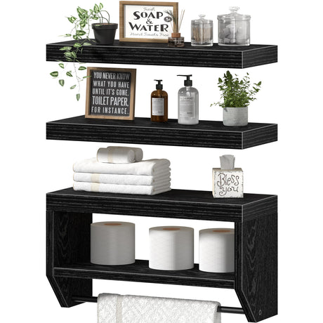 QEEIG Bathroom Floating Shelves for Wall - Shelf Over Toilet Paper Storage Farmhouse 16 inch Set of 3, Black (028-40B3) QEEIG