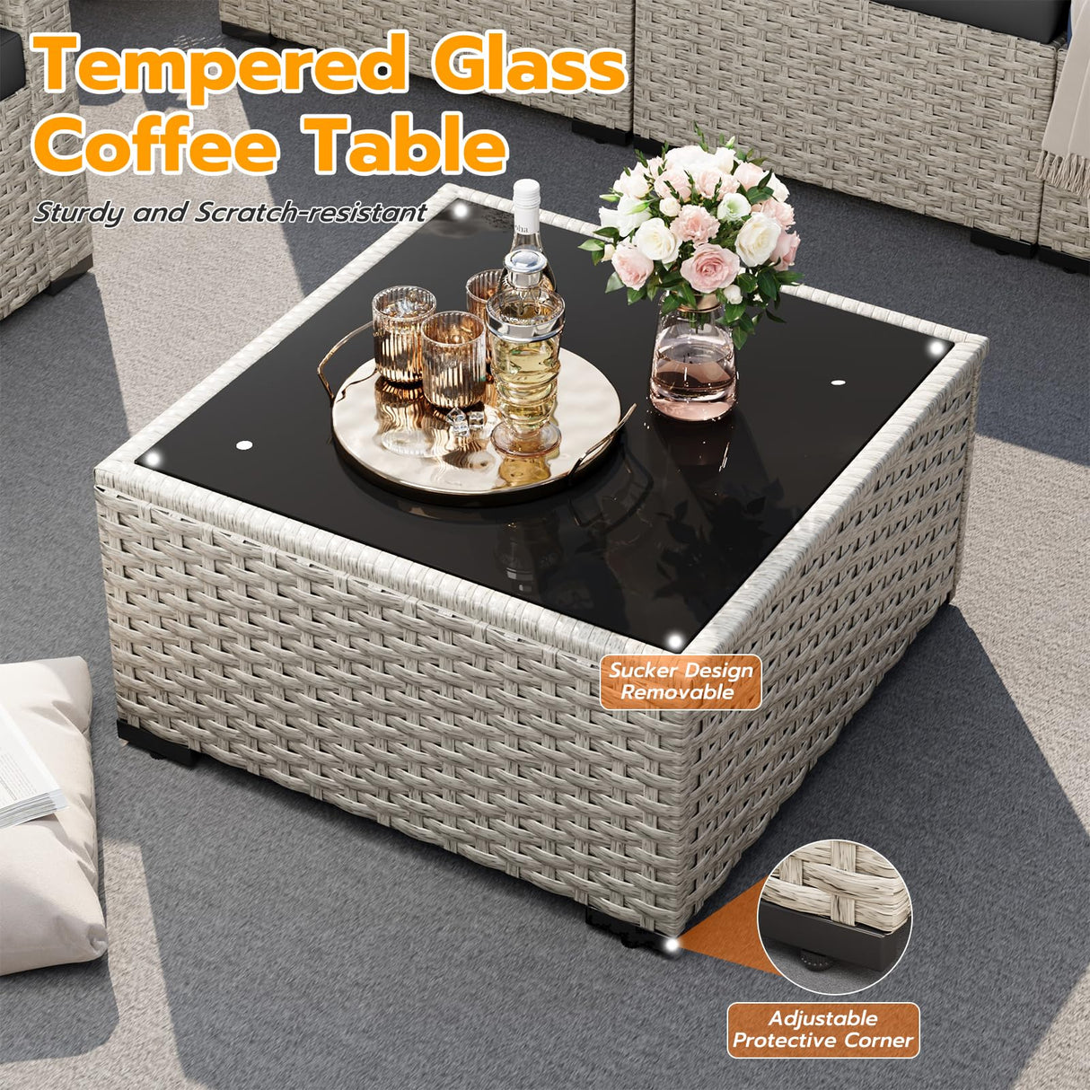 UDPATIO Outdoor Patio Furniture Set, 7-Piece Modular Sectional Sofa with Tea Table, PE Wicker Outdoor Conversation Set for Patio, Garden, Backyard Black UDPATIO