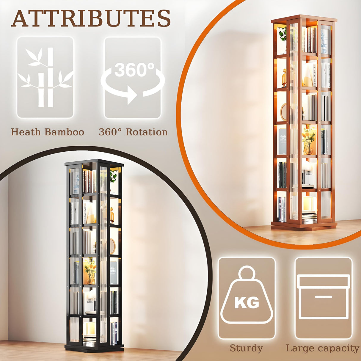 idhhco 6 Tier Rotating Bookshelf, 360° Spinning Book Shelf Tower, Bamboo, Bookshelf Floor Standing Storage Rack, Narrow Book Storage Shelf for Kids&Adults, Living Room, Bedroom, Study, Balck, Brown idhhco