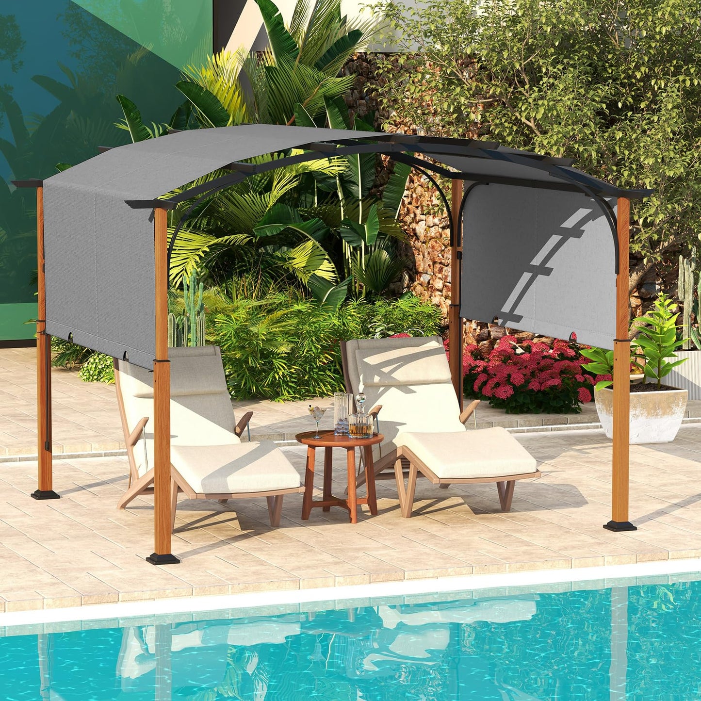 Tangkula 10x12Ft Pergola, Arched Patio Pergola with Retractable Sun Shade Canopy, Extra Large Patio Shelter Pavilion, Outdoor Pergola for Deck, Porch, Garden, Yard (Grey)