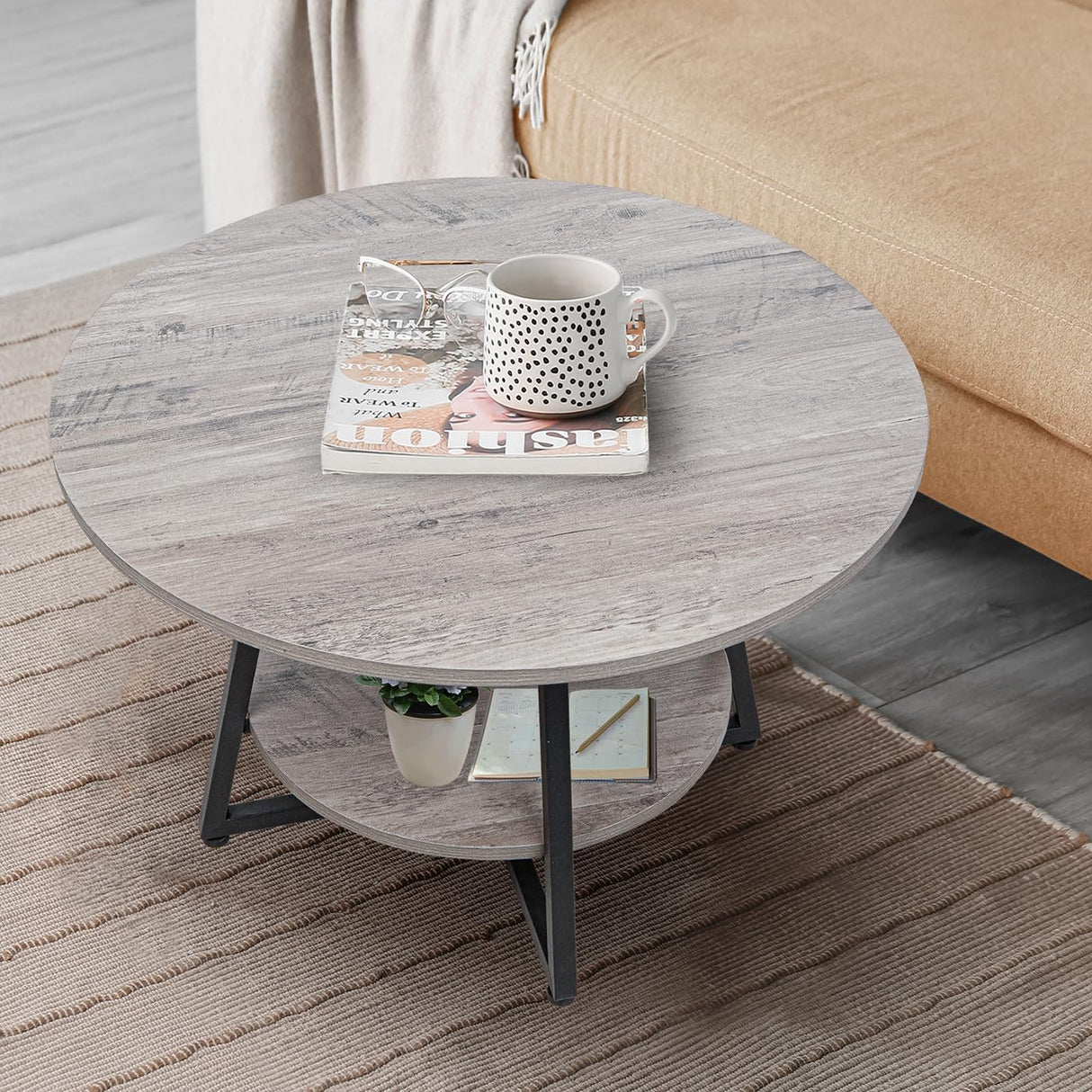 Masigle Round Coffee Table, 2-Tier Circle Coffee Table with Storage, Modern Wood Round Center Table, for Living Room, Small Space, Home Office, Easy Assembly, Wash Gray Masigle