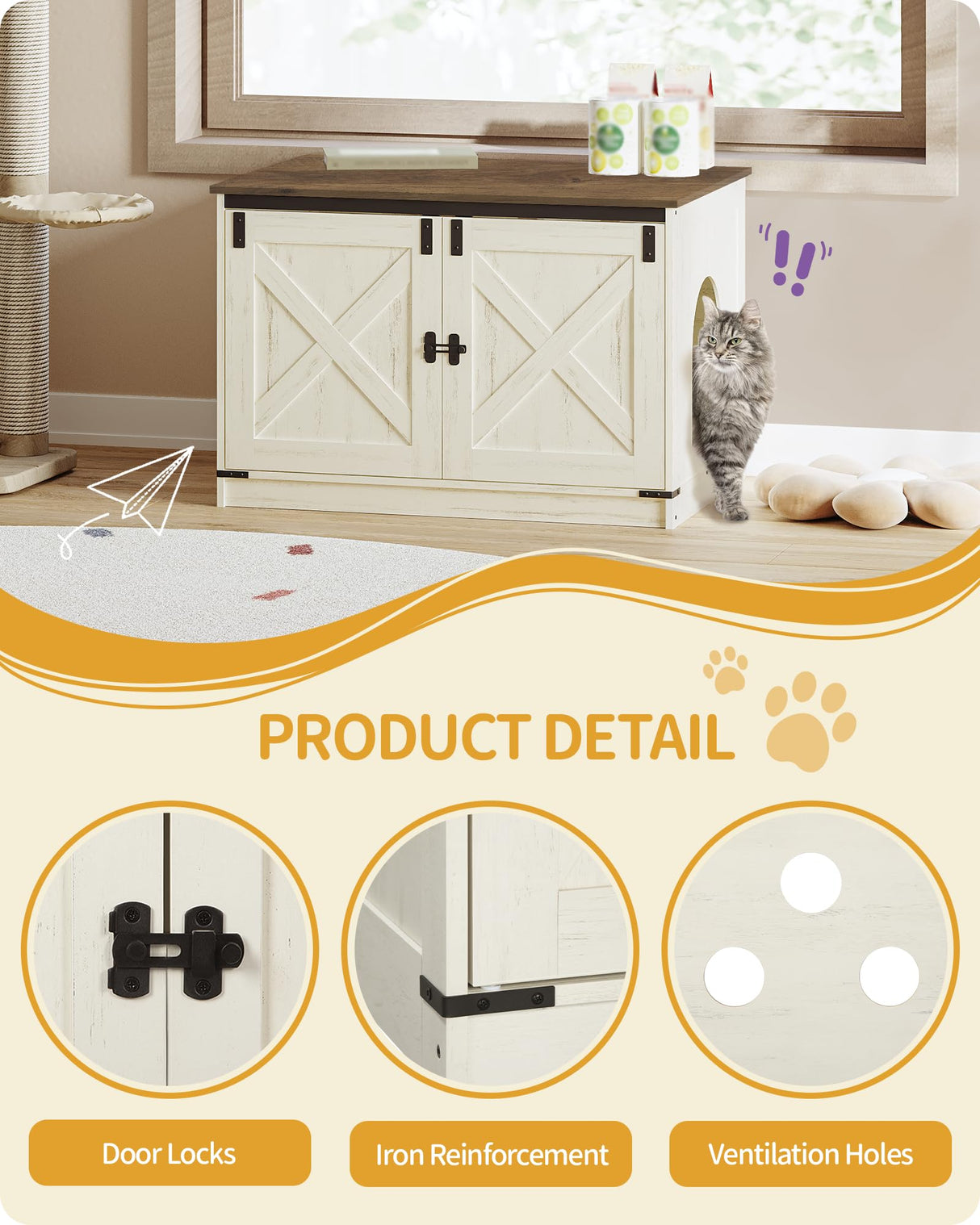 Hzuaneri Cat Litter Box Enclosure with Cushion, Hidden Litter Box Furniture with Removable Dividers, Reversible Entrance Left or Right Side, Cat House, Rustic White and Brown CB84614X Hzuaneri