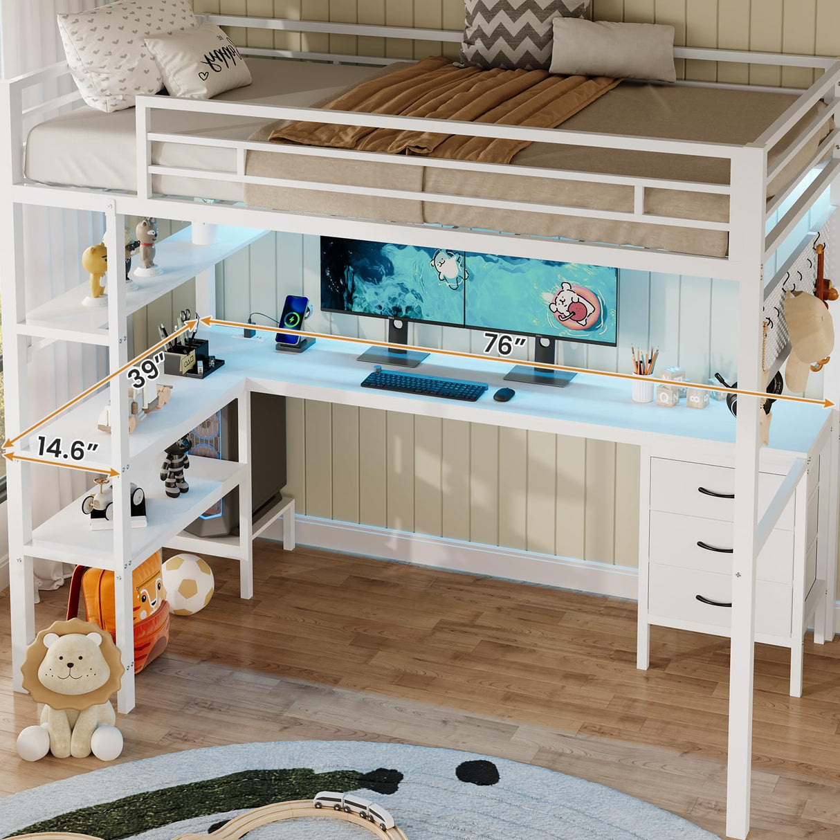 BTHFST Loft Bed Twin Size with L-Shape Desk & RGB LED Lights & Charging Station, Twin Bunk Bed with Fabric Drawers & Shlves, 13.4'' H Safety Guardrail, Noise Free, No Box Spring Needed BTHFST