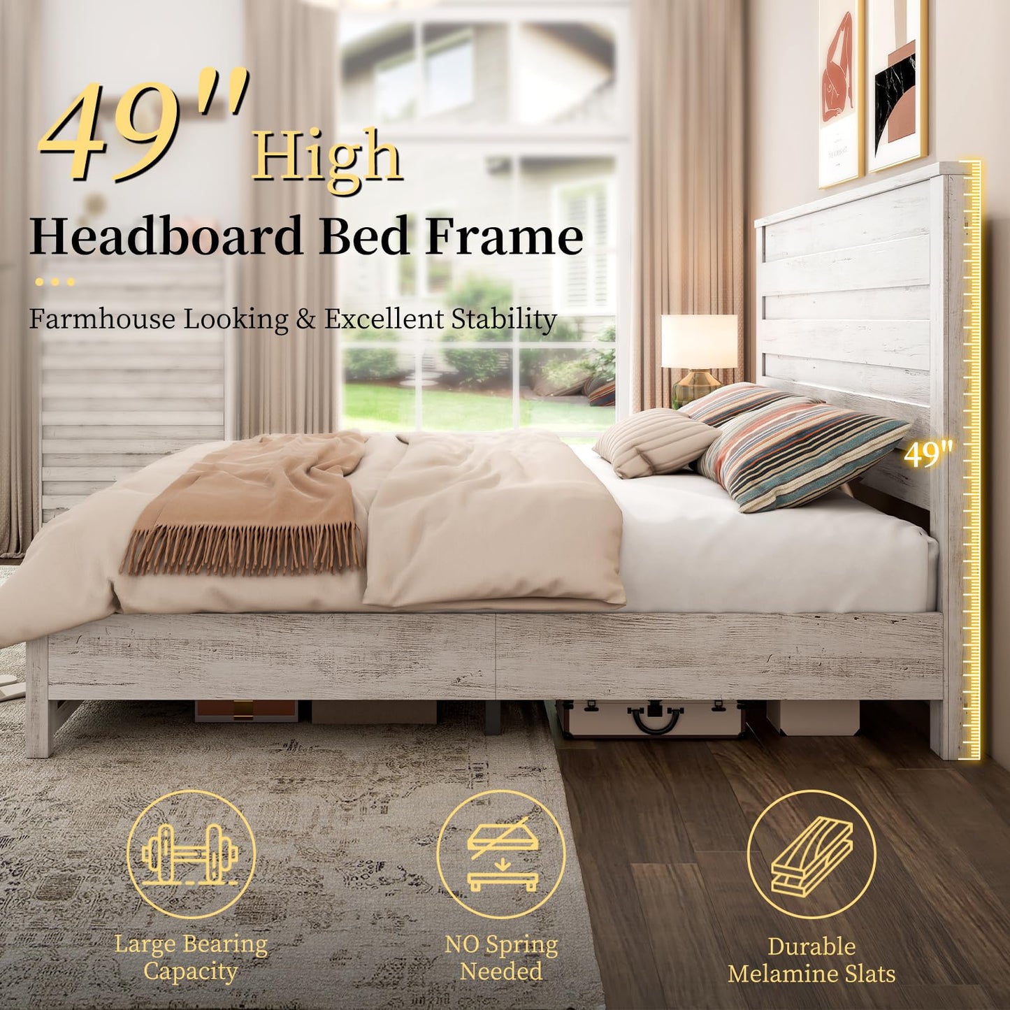 LUXOAK Farmhouse King Bed Frame with 49" Tall Headboard, Wooden Platform Beds with Hidden Metal Bed Frame, No Box Spring Needed, Distressed White