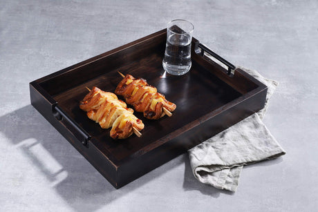 Ottoman Tray, Acacia Wood Serving Tray with Metal Handles, 16.5x12.5in Food Drinks Tray for Coffee Table, Breakfast, Dinner & Bar, Rustic Decorative Storage Tray for Ottoman, Kitchen, Packaging RAKYTO