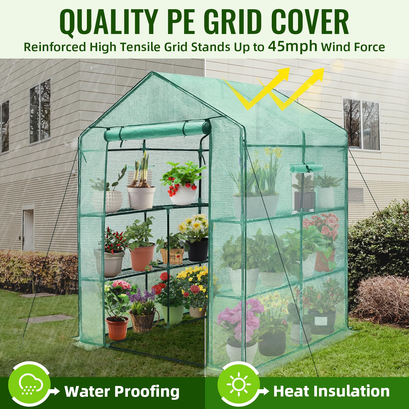 Greengro Greenhouse, 56 x 56 x 75'' Greenhouses for Outdoors, Durable Green House Kit with Window, Thicken PE Cover, 3 Tiers 8 Shelves, Heavy Duty Walk in Green Houses for Indoor Backyard Out - WoodArtSupply