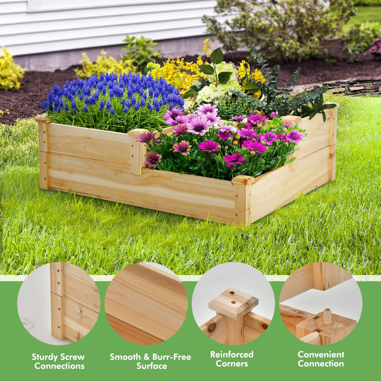 Safstar 3-Tier Raised Garden Bed, Outdoor Elevated Planter Box for Vegetable Fruit Herb Flower Solid Fir Wood Planter Kit with Open-Ended Base, Gardening Planter for Garden Yard Lawn Backyard