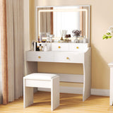 COMHOMA Makeup Vanity Desk with Mirror and Lights, Vanity Table and Chair Set with 5 Drawers and Charging Station, Bedroom Dresser LED Mirror Stepless Dimmable & 3 Color Modes Adjustable, White COMHOMA