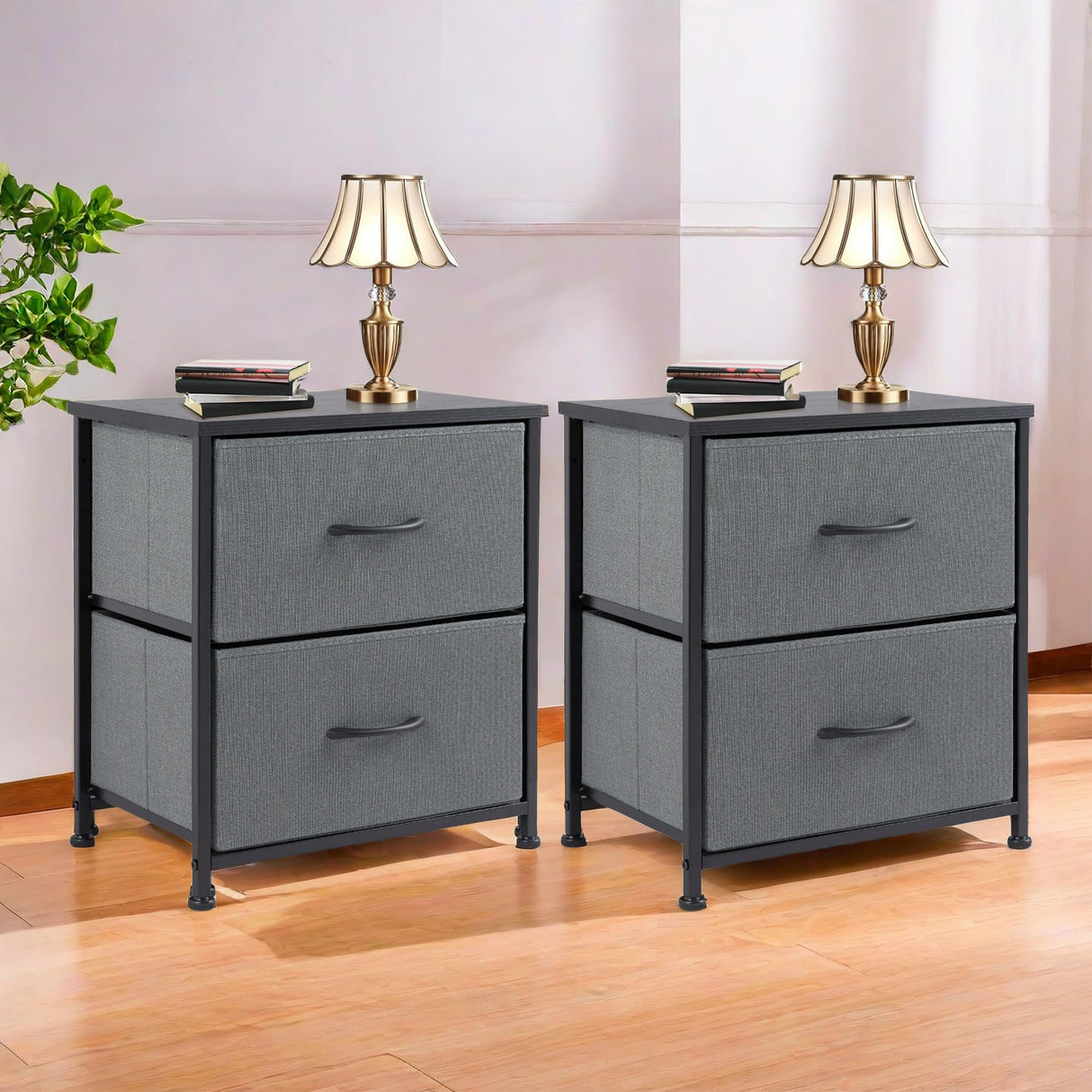 GlasFlength Nightstand for Bedrooms Set of 2, Farmhouse Bedside Table w/ 2 Fabric Drawers, Small End Tables Storage Organizer with Wood Top for Kids Room Dorm Closet, Grey/2BC 2-Pack GlasFlength