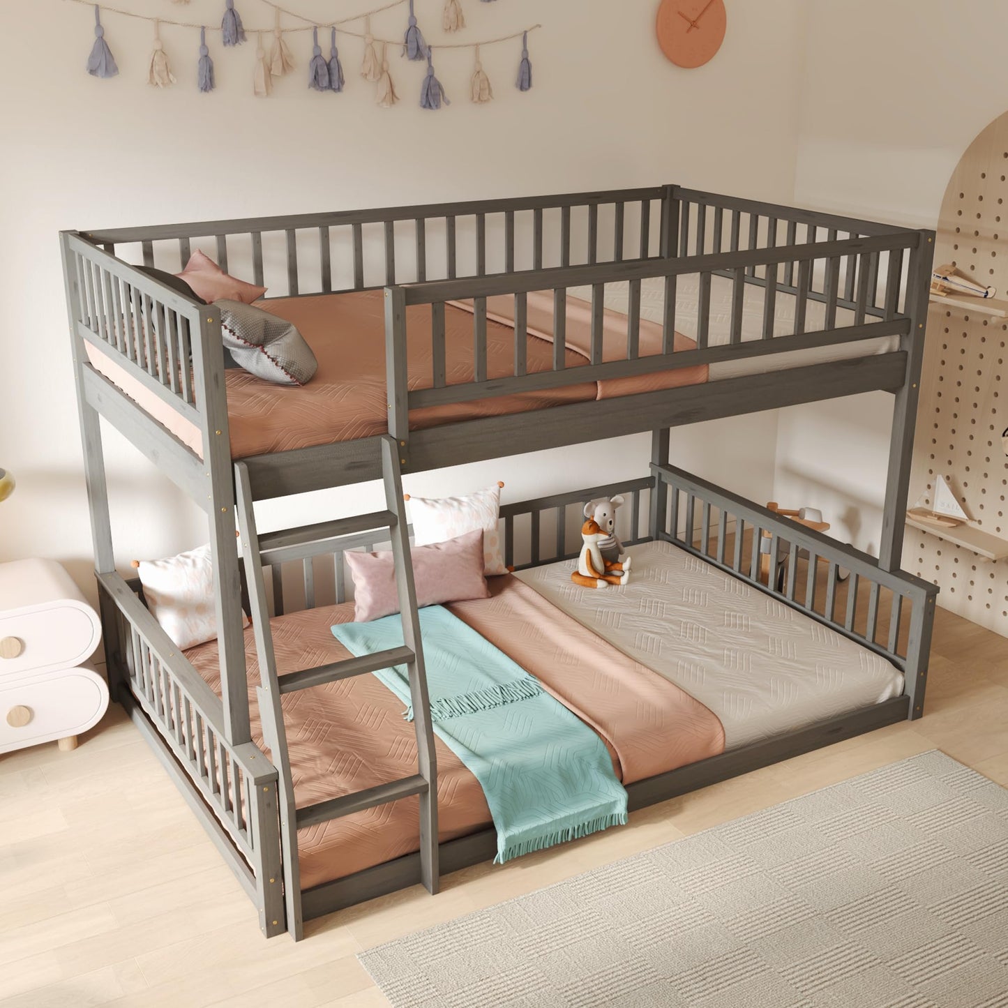 Merax Wooden Bunk Bed Full XL Over Queen for Adults Teens, Full XL Over Queen Bunk Beds with Incline Ladder and Guardrails, Bunk Beds Can Be Divided into 2 Platform Beds, Wood Slats, Grey