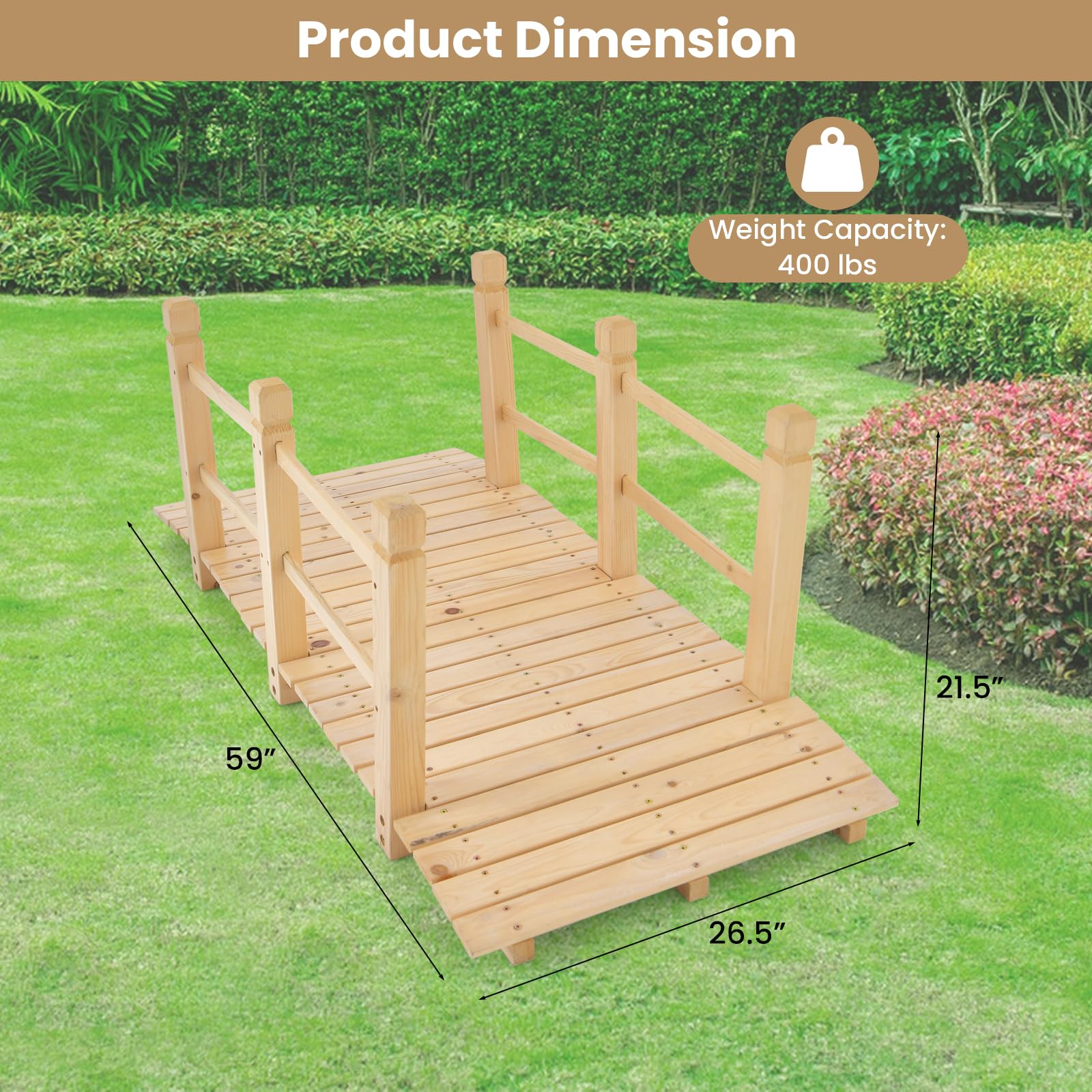 HAPPYGRILL 5FT Wooden Garden Bridge, Decorative Landscaping Bridge with Classic Arc Footbridge & Double Safety Railings, Garden Bridges for Outdoors, Backyard, Garden Farm (Natural) - WoodArtSupply