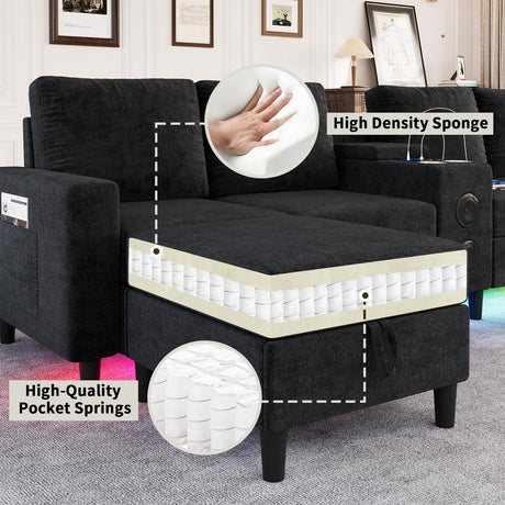 ZSDT Sectional Couches for Living Room, 6 Seat Sectional Sofa Smart Module-Bluetooth Speaker/RGB Light/Charging Station, Chenille U Shaped Couch with 2 Movable Storage Ottomans (Black) ZSDT