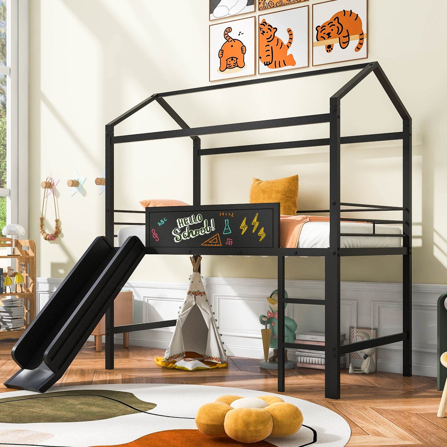 Twin House Loft Beds with Slide and Chalkboard, Low Loft Bed Twin Size, Metal House Bed with Guardrail and Ladder, Metal Twin Size Loft Bed for Kids Teens Girls Boys (Twin, Black)