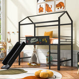 Twin House Loft Beds with Slide and Chalkboard, Low Loft Bed Twin Size, Metal House Bed with Guardrail and Ladder, Metal Twin Size Loft Bed for Kids Teens Girls Boys (Twin, Black) Harper & Bright Designs