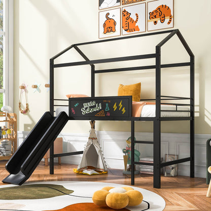 Twin House Loft Beds with Slide and Chalkboard, Low Loft Bed Twin Size, Metal House Bed with Guardrail and Ladder, Metal Twin Size Loft Bed for Kids Teens Girls Boys (Twin, Black)