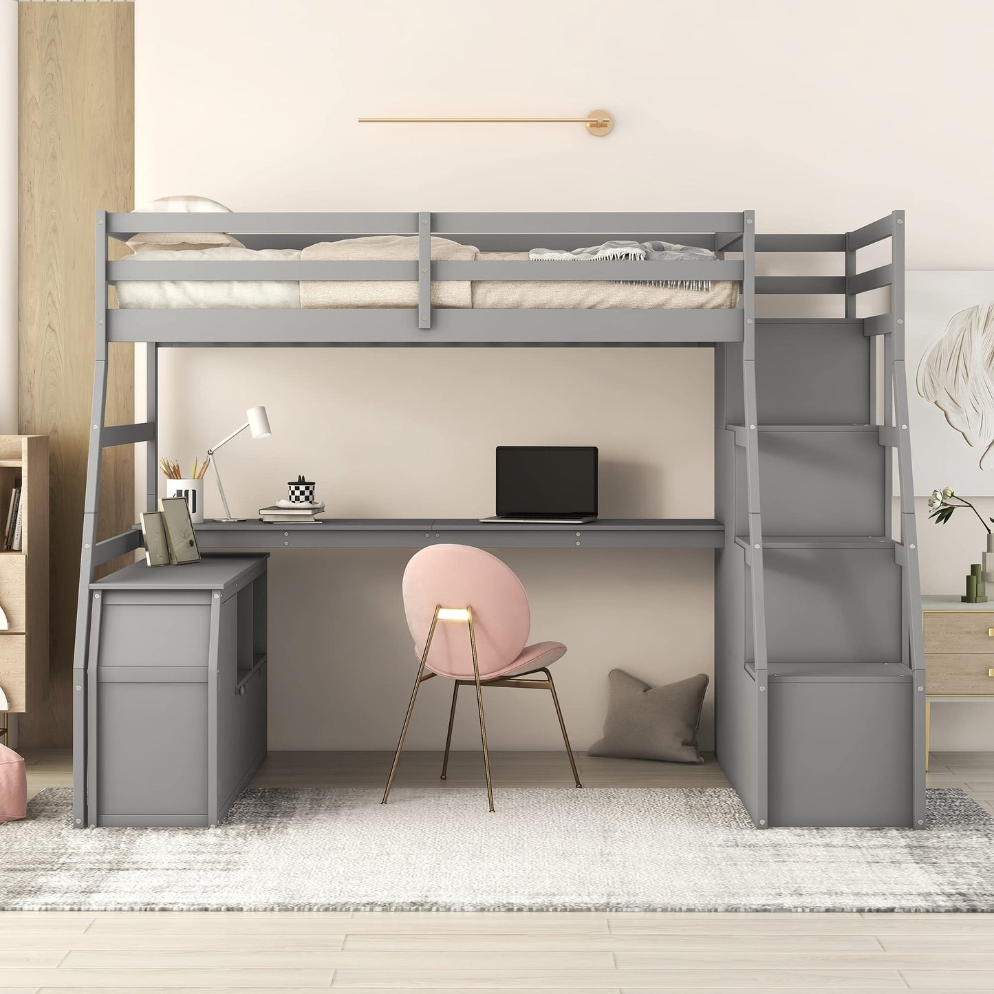 VilroCaz Twin Size Loft Bed with Desk, 7 Drawers, and Staircase - Solid Wood Frame in Gray - WoodArtSupply