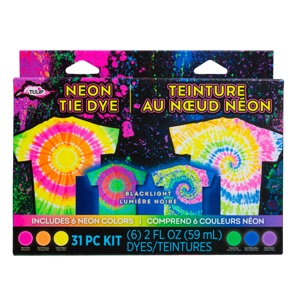 Tulip Neon Tie-Dye Kit, Blacklight Reactive, Easy Application & Techniques, No Mixing, Just Shake & Apply Fabric Dye, Neon Craft Party Activity, 6-Color Kit, 31 pcs Tulip