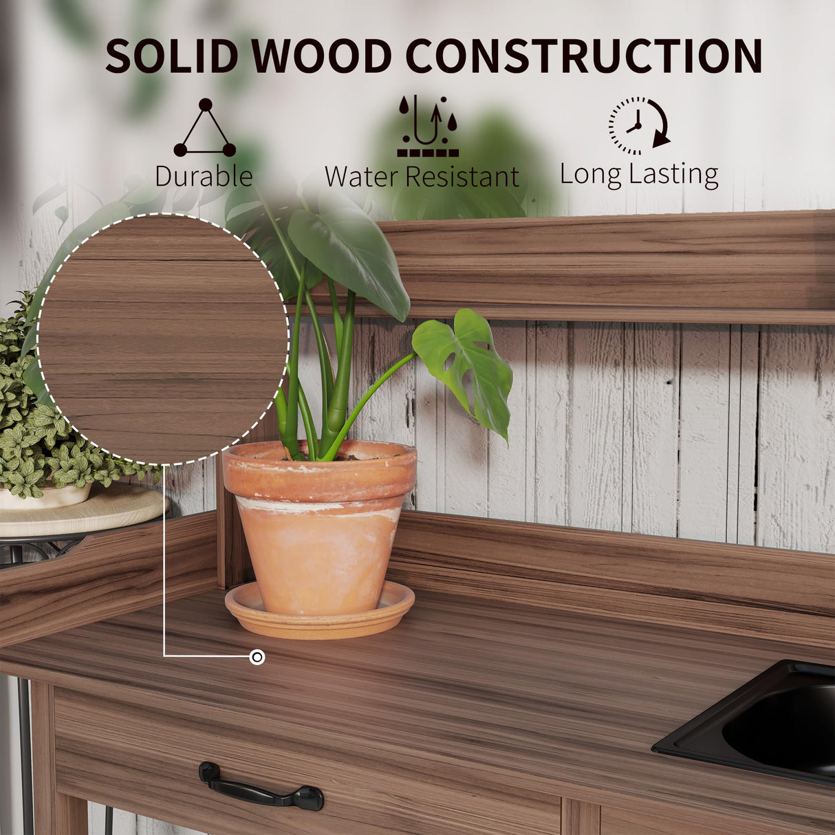 Outsunny Potting Bench Table with Sink, Outdoor Work Bench Table with Storage Cabinet, Hooks, Removable Sink, Faucet and Drawer for Greenhouse, Garden, Patio, Dark Brown Outsunny
