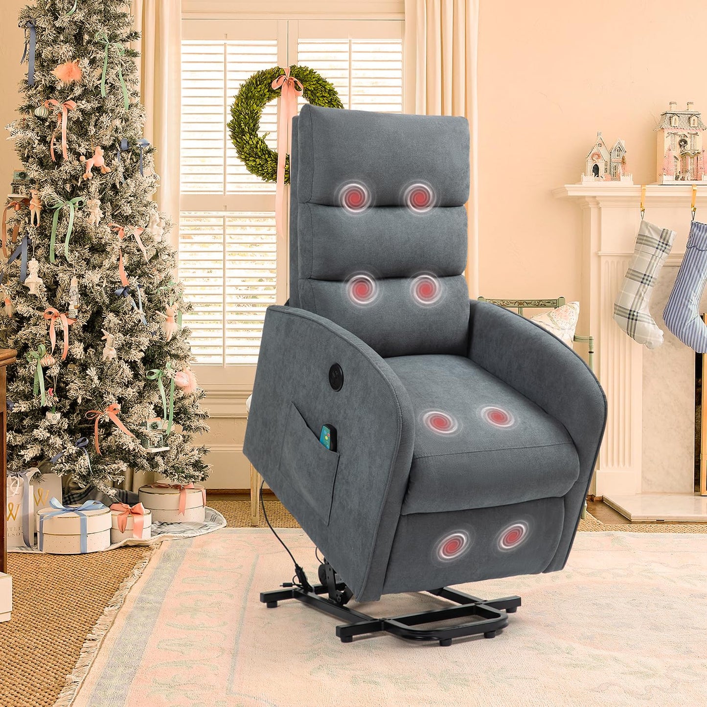 AVAWING Power Lift Massage Chair, Lift Recliner Chairs for Elderly, Electric Recliner W/Heat & Vibration, Linen Fabric Lift Chair with Side Pocket & USB Port for Living Room, Bedroom, Grey