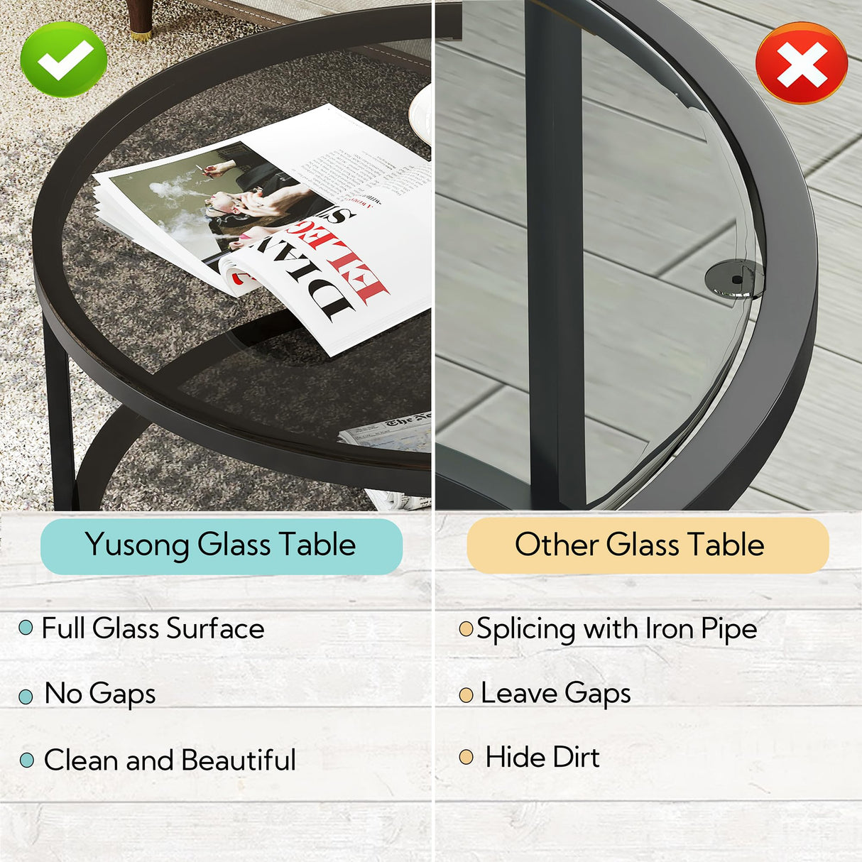 Yusong Round Glass Coffee Tables for Living Room, 2-Tier Circle Coffee Table with Storage, 26" Modern Center Accent Table with Light Black Glass, Small Side Table End Table for Small Space, Bedroom Yusong