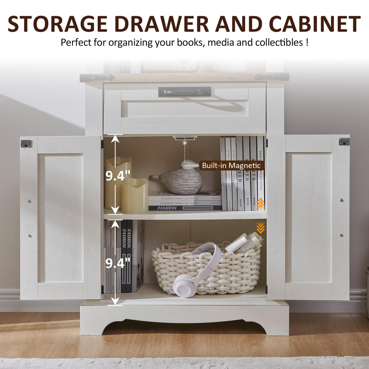 OKD 72'' Tall Bookshelf with Storage, Farmhouse 4 Tier Bookcase with Barn Door, Adjustable Shelves and Drawers, Rustic Wooden Office Bookshelves for Home Bedroom, Living Room, Library Antuique White OKD