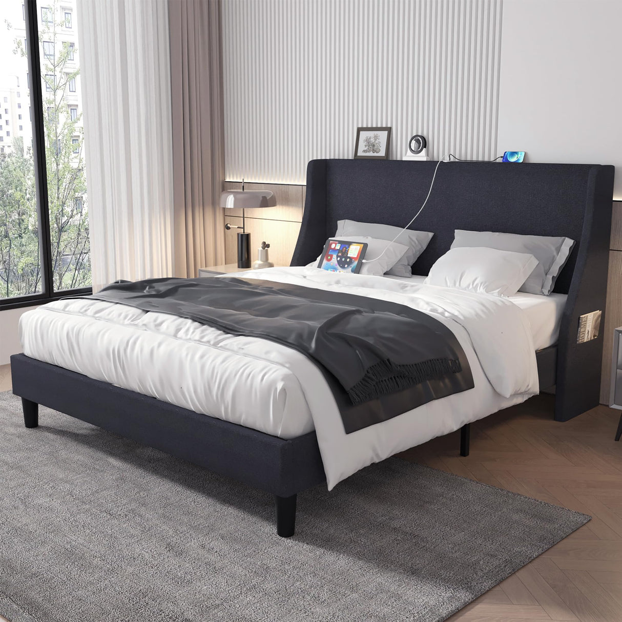 VECELO Queen Bed Frame with Type-C & USB Port, Wingback Headboard, Upholstered Platform Bedframe with Charging Station & Side Pockets, No Box Spring Needed, Grey VECELO