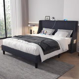 VECELO Queen Bed Frame with Type-C & USB Port, Wingback Headboard, Upholstered Platform Bedframe with Charging Station & Side Pockets, No Box Spring Needed, Grey VECELO