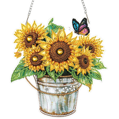 RICUVED Hanging Diamond Art Painting Kit Sunflower, Special Shaped Crystal Gem Craft Bucket Flowers Diamond Painting Pendant Kit for Adults, DIY Hanging Diamond Art Ornament Kit for Home Garden Decor