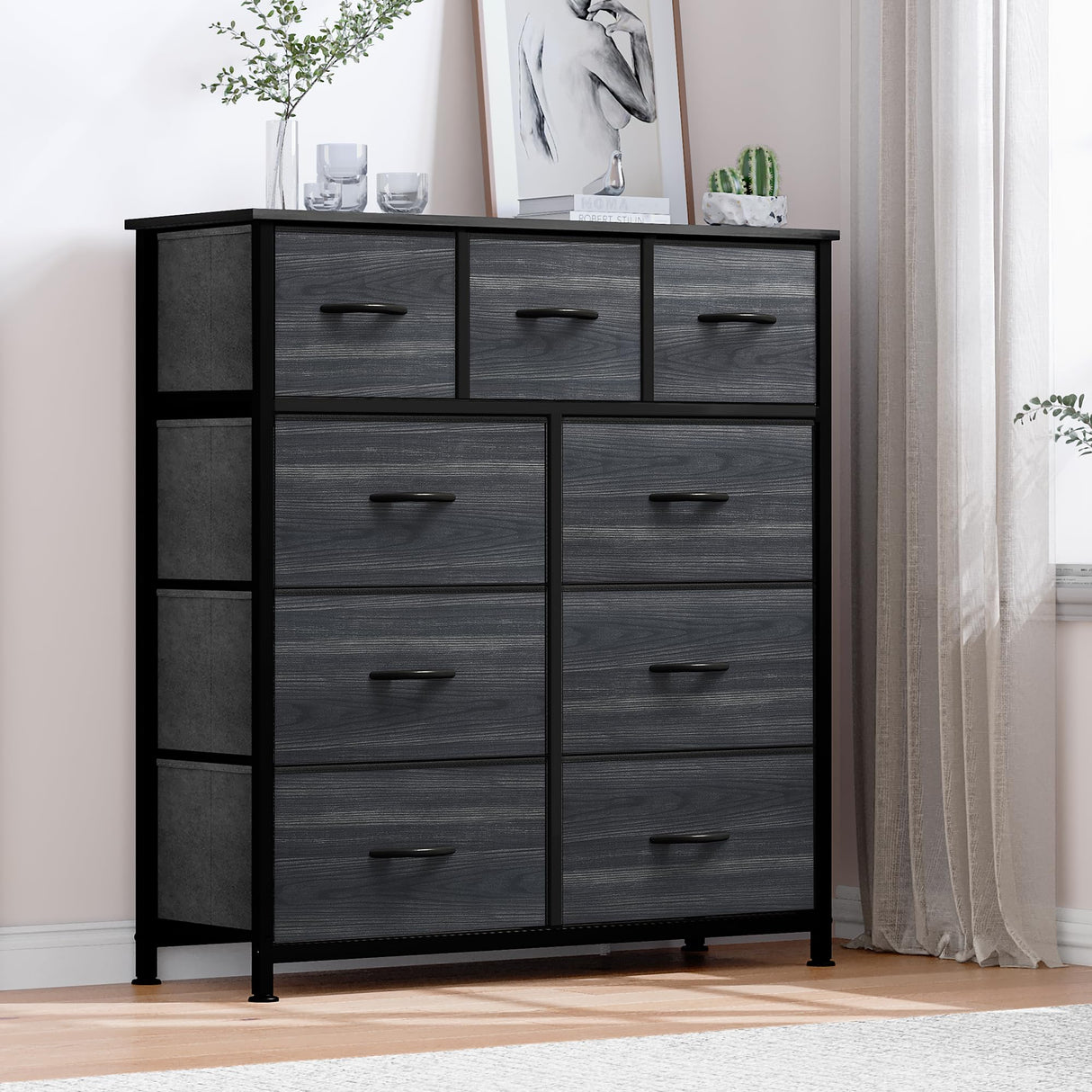 DWVO Dresser with 9 Drawers - Fabric Storage Tower, Organizer Unit for Living Room, Hallway, Closets - Sturdy Steel Frame, Wooden Top & Easy Pull Fabric Bins DWVO