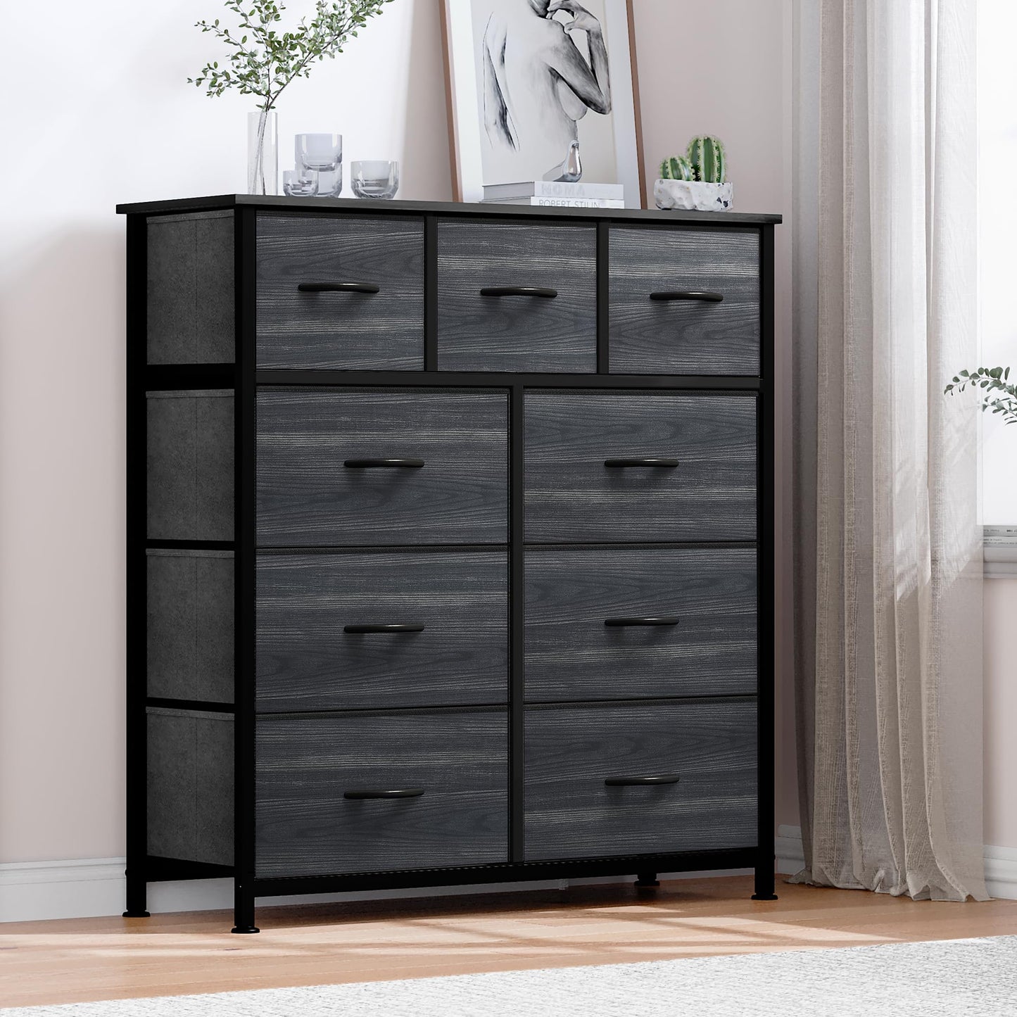 DWVO Dresser with 9 Drawers - Fabric Storage Tower, Organizer Unit for Living Room, Hallway, Closets - Sturdy Steel Frame, Wooden Top & Easy Pull Fabric Bins