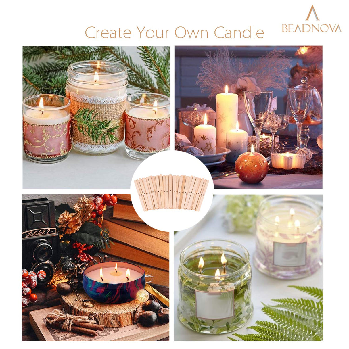 BEADNOVA Candle Wick Holders for Candle Making Wooden Wick Holder 50 pcs Centering Device Bar for DIY Making BEADNOVA