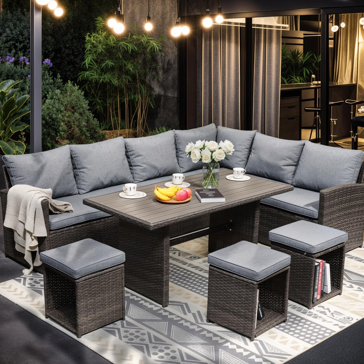 JOIVI Outdoor Patio Furniture Set, 7 Piece Patio Dining Sofa Set, Outdoor Sectional Couch Conversation Set All Weather Wicker Rattan Aluminum Desktop Dining Table & Chair with Ottomans, Gray Cushion JOIVI