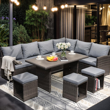 JOIVI Outdoor Patio Furniture Set, 7 Piece Patio Dining Sofa Set, Outdoor Sectional Couch Conversation Set All Weather Wicker Rattan Aluminum Desktop Dining Table & Chair with Ottomans, Gray  - WoodArtSupply