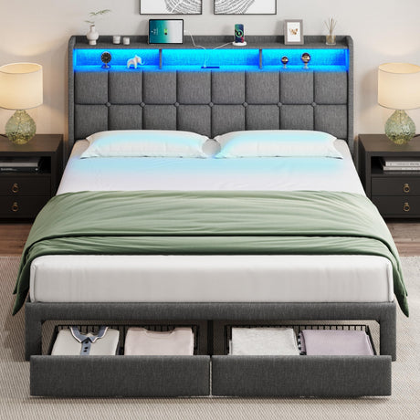 Fulocseny King Size Bed Frame with Charging Station,with Drawers and RGB LED Lights,Bed Frame with Headboard,King Size Bed Frame with Storage,Wood Slats Support,Easy Assembly,Dark Gray Fulocseny