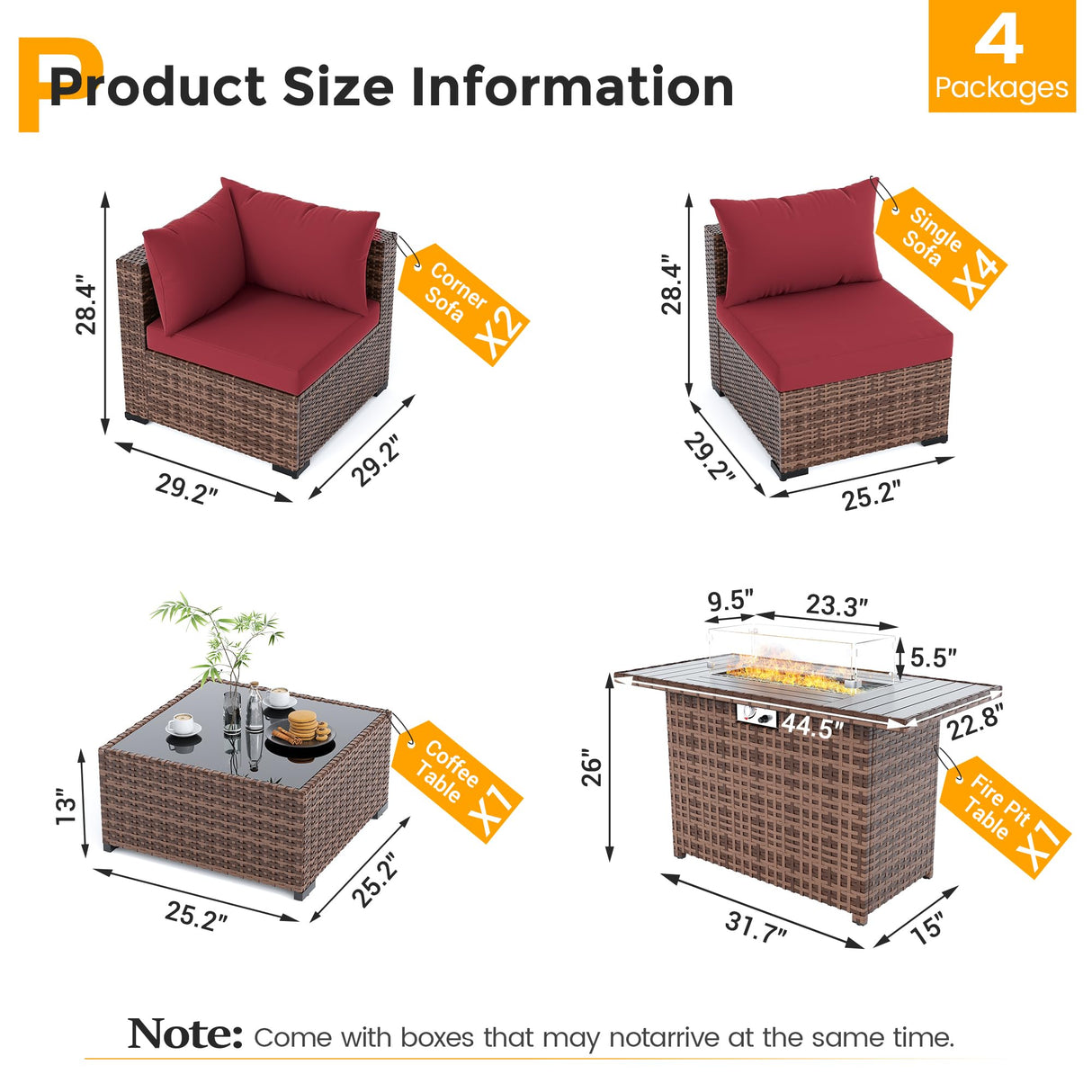 UDPATIO Outdoor Patio Furniture Set with Fire Pit Table, 8 Piece Outdoor Sectional Sofas, All-Weather Wicker Patio Conversation Set for Garden, Backyard Wine UDPATIO