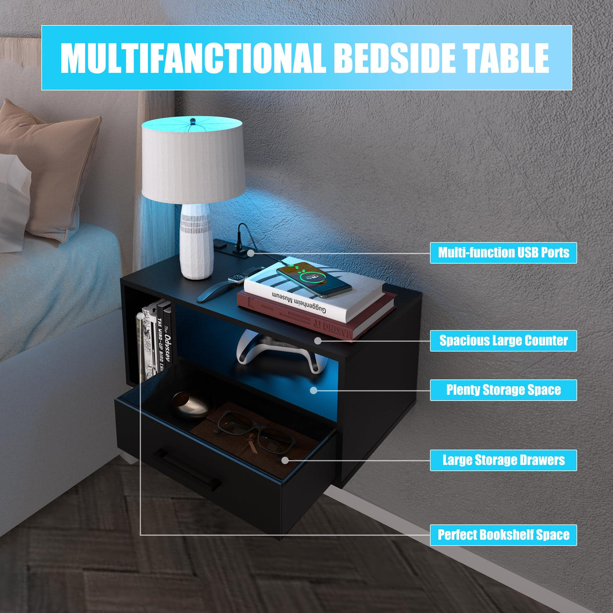 Bloddream Floating Nightstand with Charging Station and LED Light Strips, 21.3" Night Stand with Drawers, Floating Bedside with USB Ports and Outlets, Bedroom Furniture, Black Bloddream