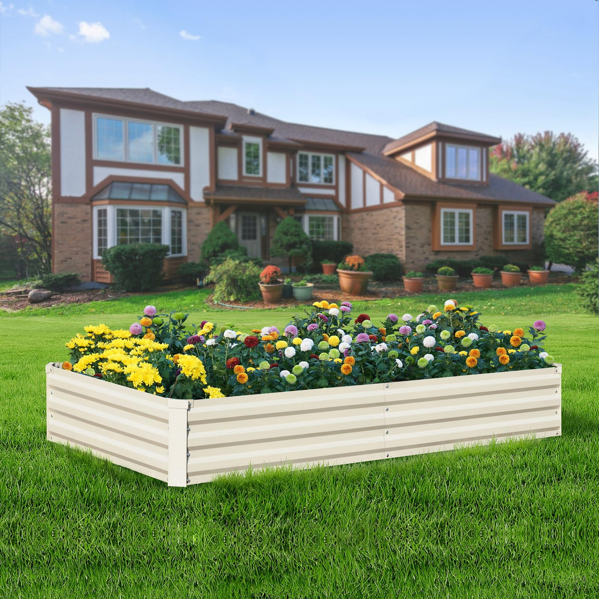 BUTUNITA Raised Garden Bed Beige, 6x3x1ft Galvanized Raised Garden Bed Outdoor Metal for Gardening Vegetables Flower Garden Planter Box Large Raised Bed with Gloves and 3ftx30ft Weed Barrier Fabric BUTUNITA