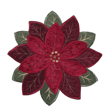 OWENIE Christmas Placemats Set of 4, Poinsettia Table Mats with Embroidered and Applique Velvet Fabric, 16 Inch x 16 Inch Diecut Placemat for XMAS Holiday Tabletop, Round Doilies for Dining Table, Red OWENIE