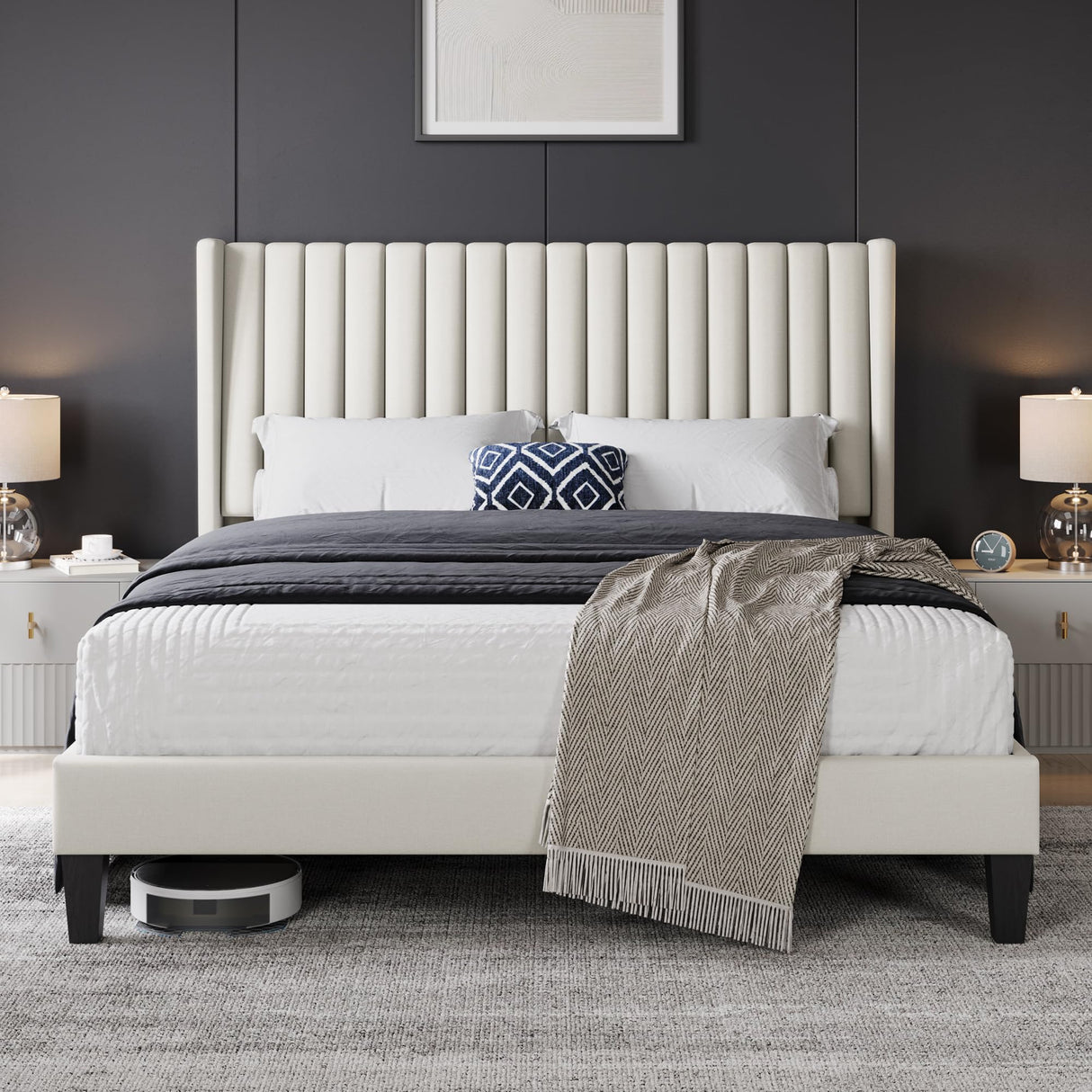 Yaheetech Queen Bed Frame Upholstered Platform Bed with Fabric Headboard, Wing Edge Design/Non-Slip and Noise-Free/Wooden Slats Support/No Box Spring Needed/Easy Assembly, Beige Queen Bed Yaheetech