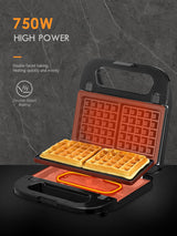 Reemix 3-in-1 Waffle, Grill & Sandwich Maker, Panini Press Grill and Waffle Iron Set with Removable Non-Stick Plates, Perfect for Cooking Grilled Cheese, Tuna Melts, Burgers, Steaks and Snacks, Black (3 in1 Sandwich Maker With Plastic Handle) Reemix